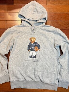 Polo Ralph Lauren Gray USA BASKETBALL BEAR Fleece Hoodie Sweatshirt Medium